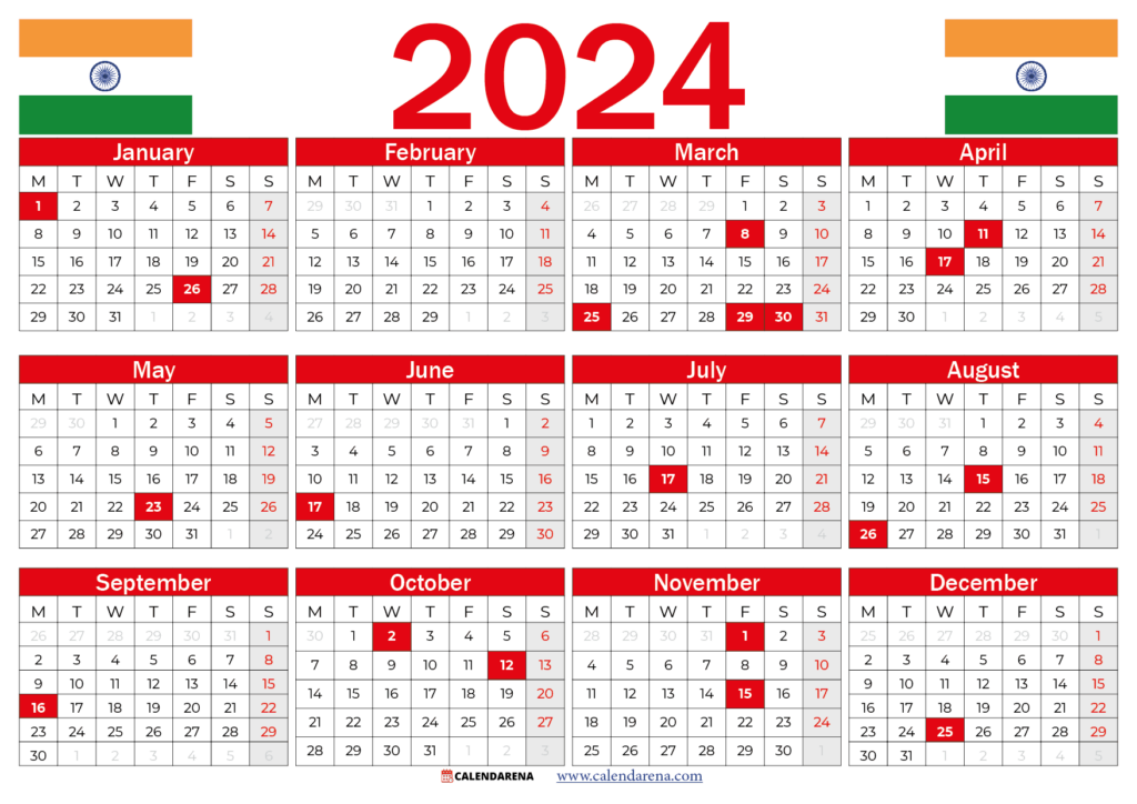 2024 Calendar With Indian Holidays Pdf Janeen Noelyn - 2024 Indian Calendar With Week Numbers Printable