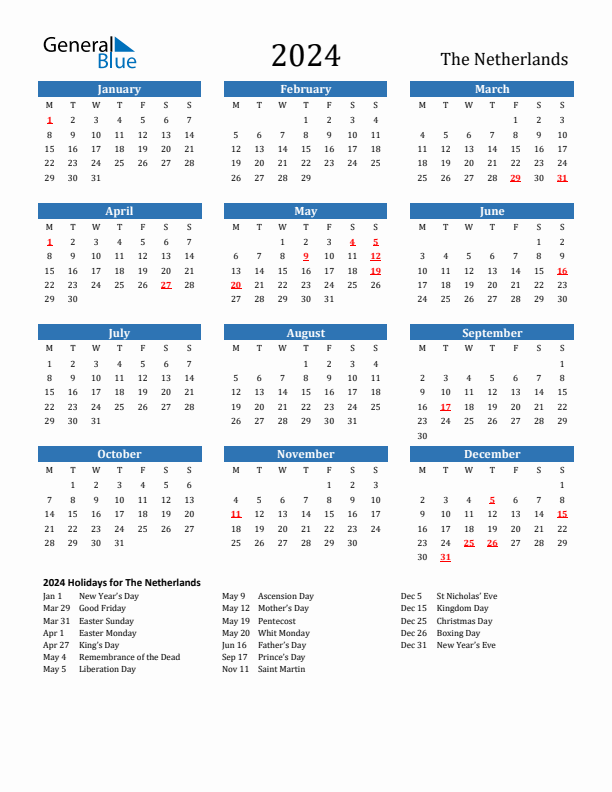 2024 The Netherlands Calendar With Holidays - Calendar 2024 Netherlands With Week Numbers