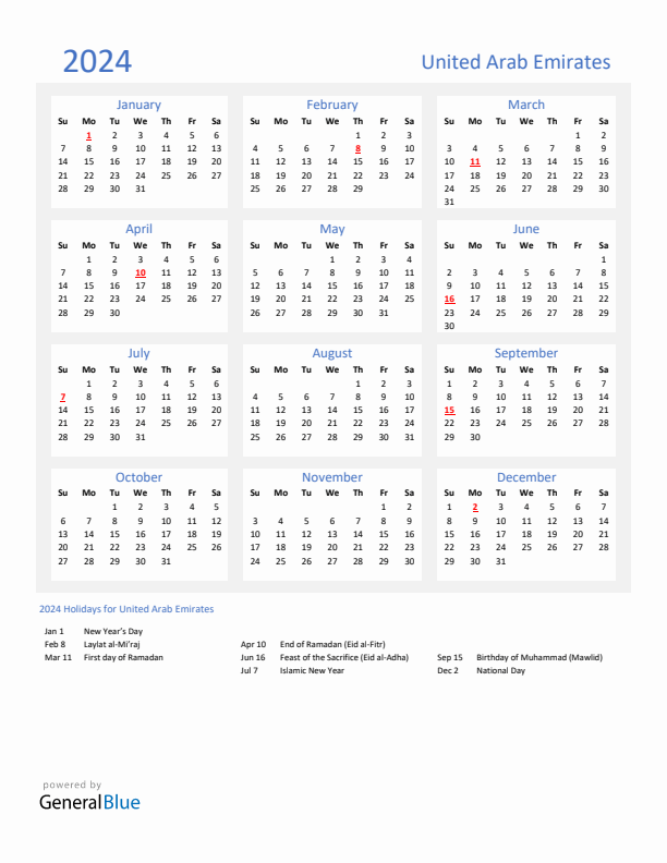 Basic Yearly Calendar With Holidays In United Arab Emirates For 2024 - 2024 Calendar Uae With Week Numbers