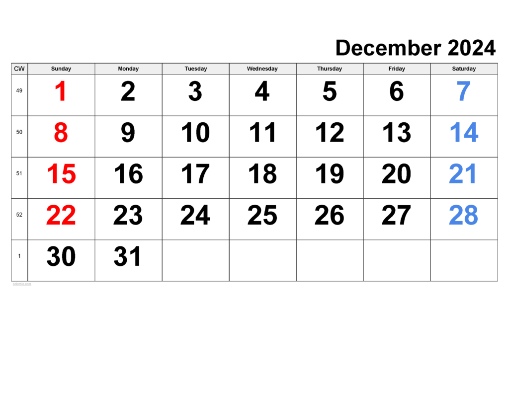 December 2024 Calendar Free Printable PDF XLS And PNG - December 2024 Calendar Week Numbers