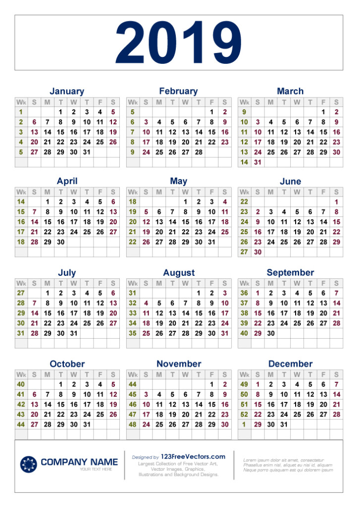 Free Download 2019 Calendar With Week Numbers - 2019 Week Numbered Calendar